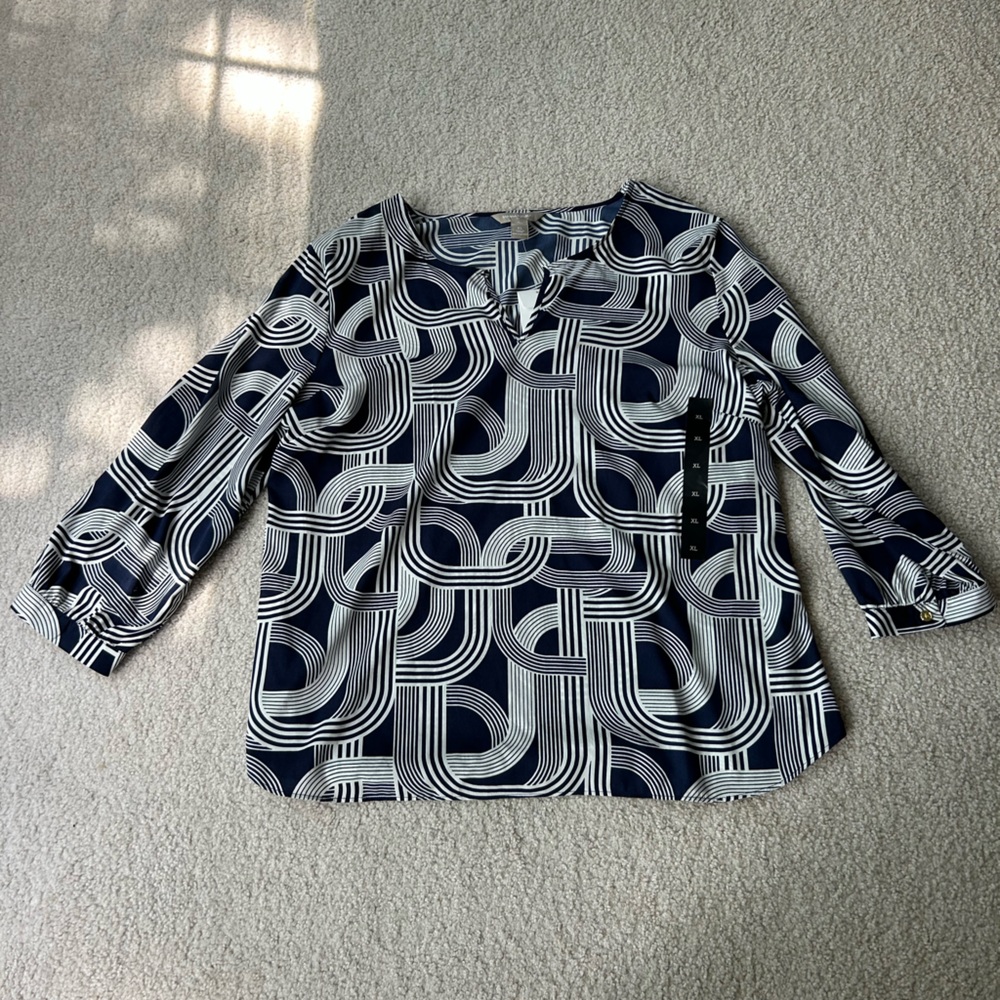 Banana Republic Navy and White Long Sleeve Blouse